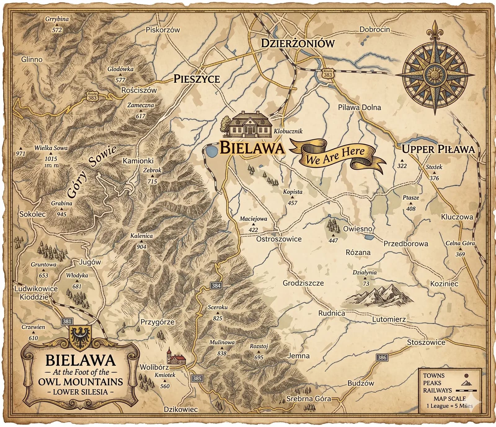 Hand-drawn map showing Bielawa in Lower Silesia, Poland, at the foot of the Owl Mountains