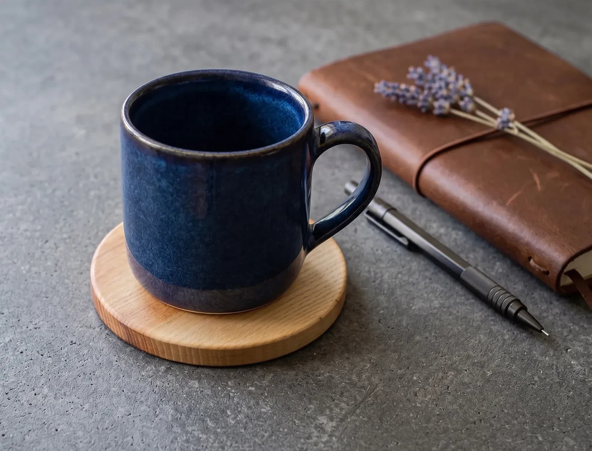 Ash wood coaster styled on a desk beside a cup