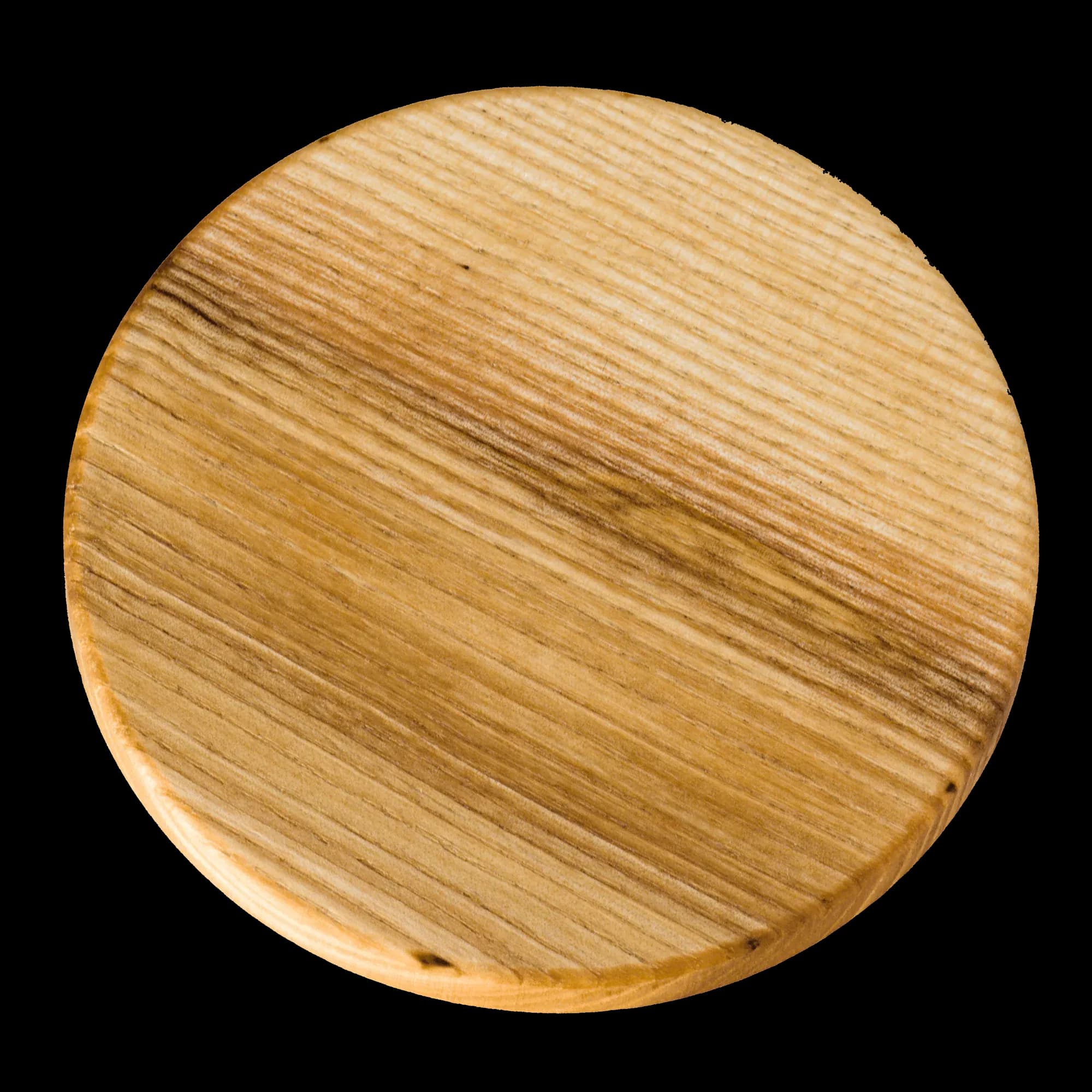 Round ash wood coaster, oiled and waxed, showing the grain and thickness