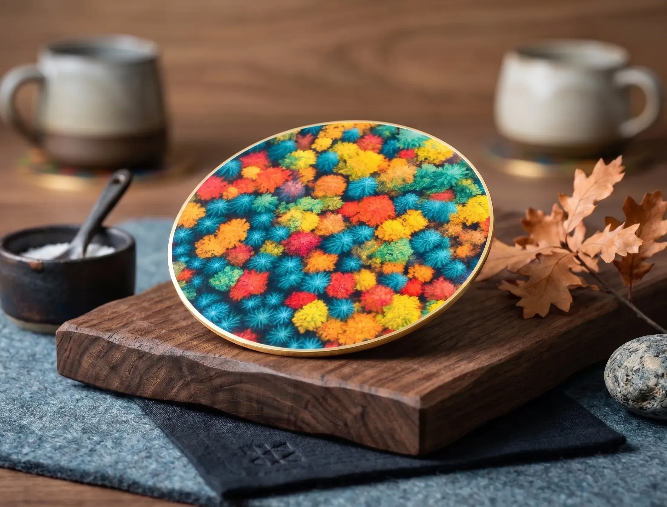 autumn forest PCB coaster styled on a desk beside a cup