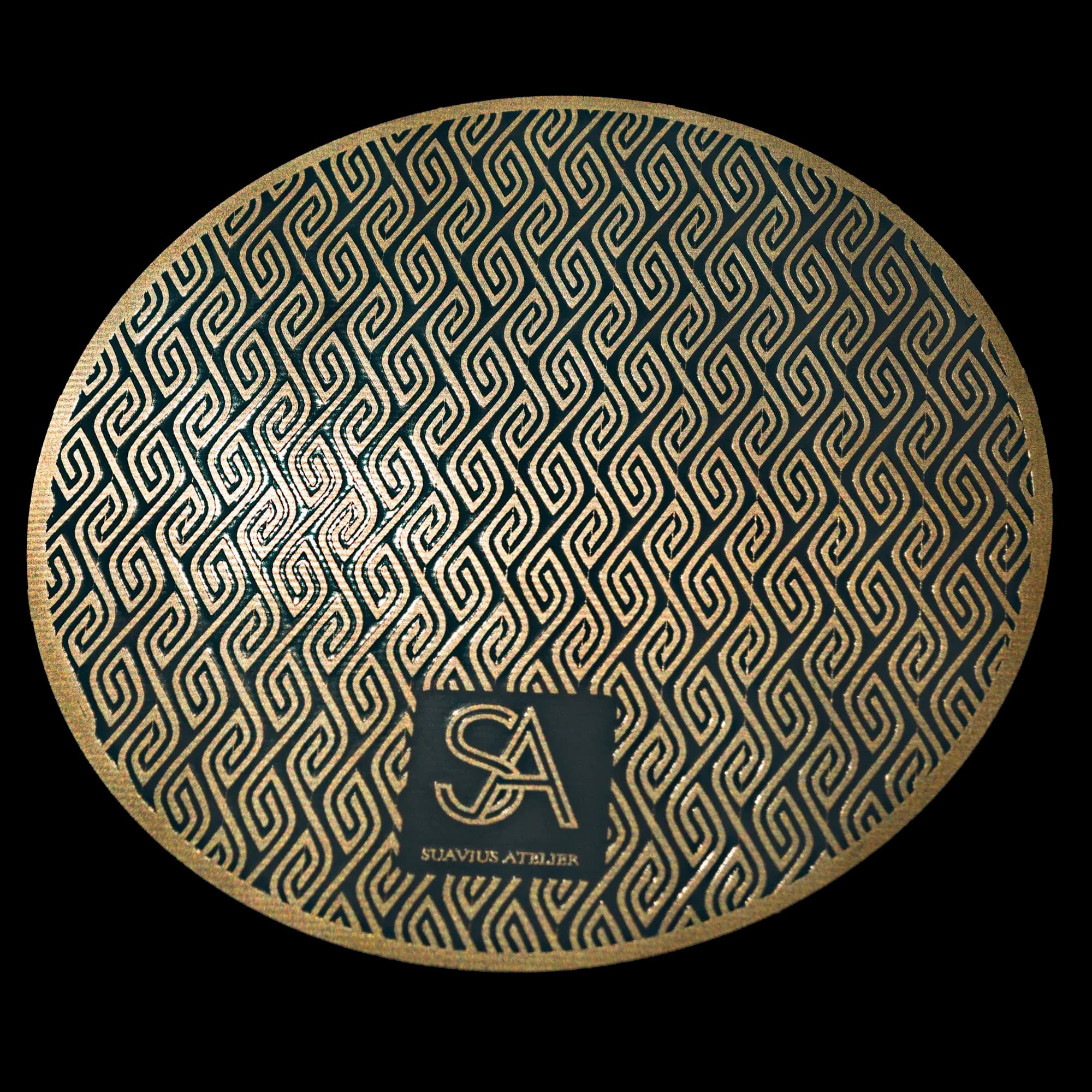 Reverse of the gold rings PCB coaster - gilded pattern with the Suavius Atelier monogram