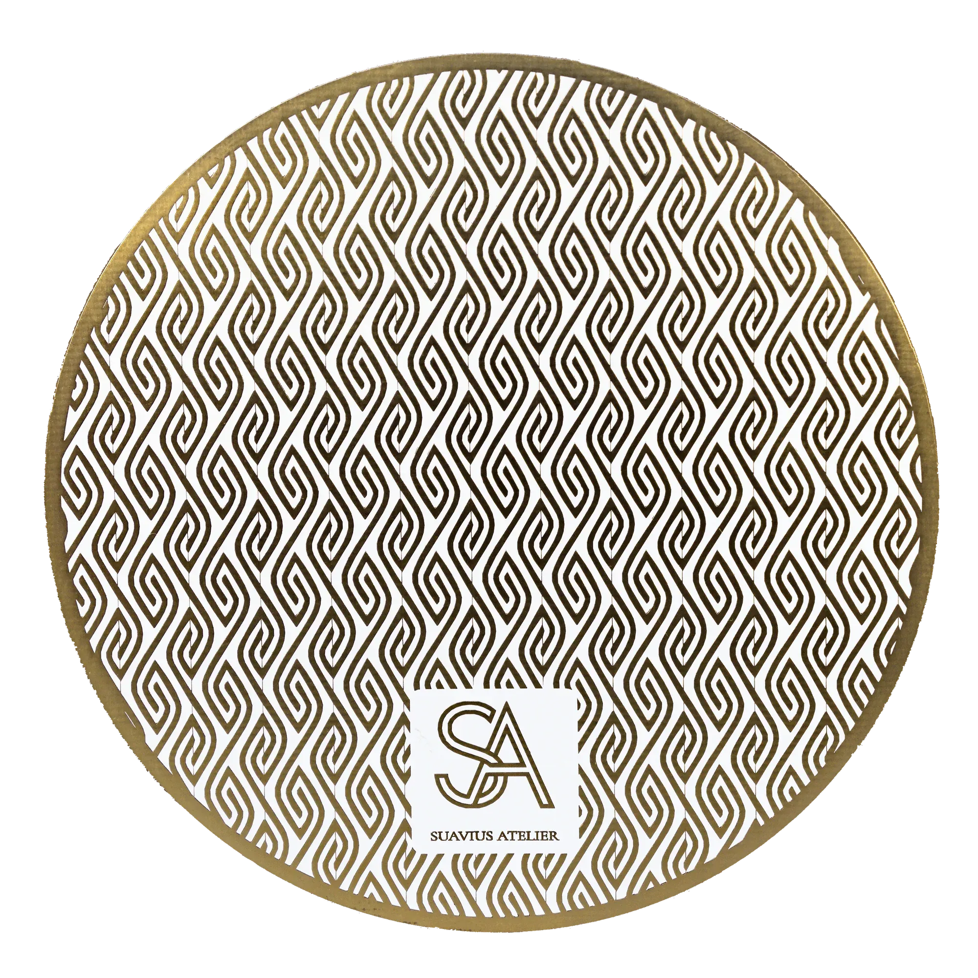 Reverse of the gold rings PCB coaster - gilded pattern with the Suavius Atelier monogram