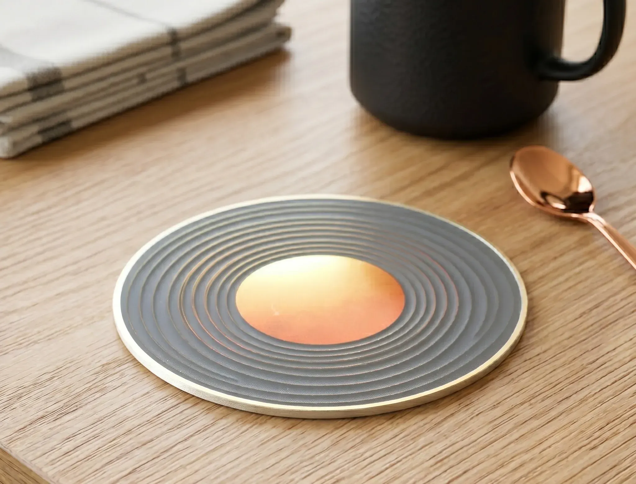 gold rings PCB coaster styled on a desk beside a cup