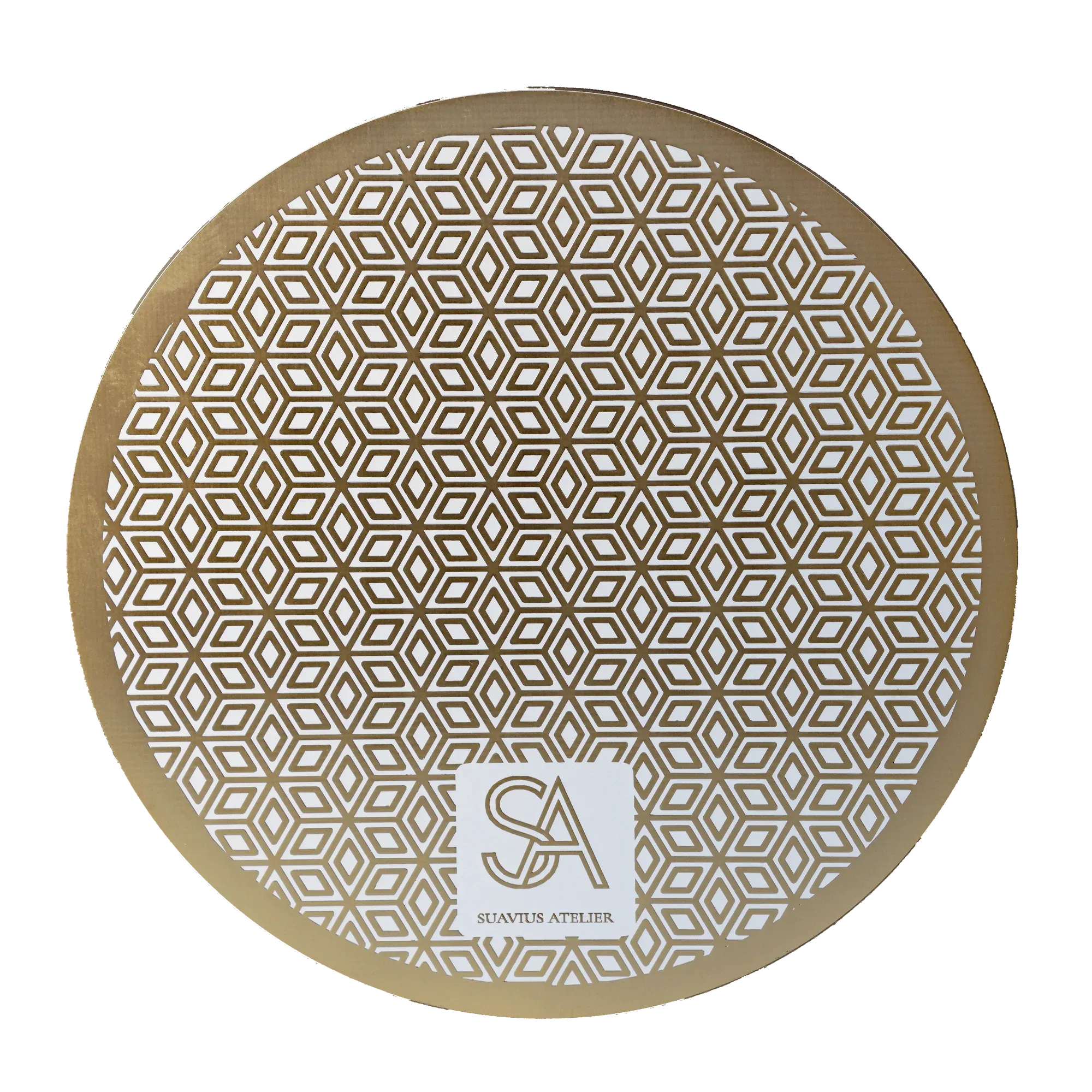 Reverse of the tennis court PCB coaster - gilded pattern with the Suavius Atelier monogram