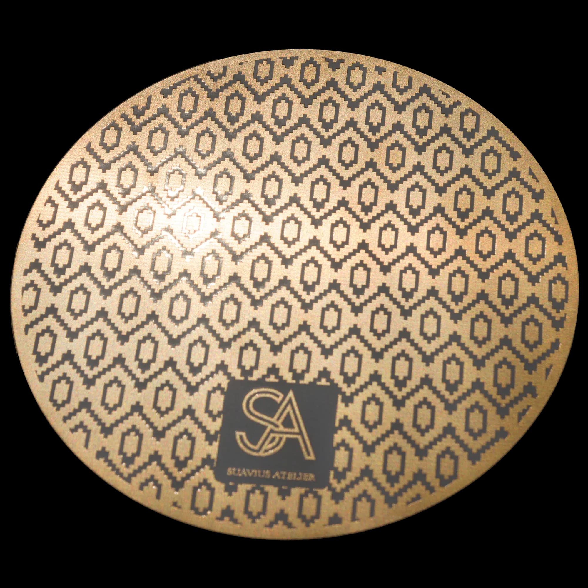 Reverse of the topographic PCB coaster - gilded pattern with the Suavius Atelier monogram