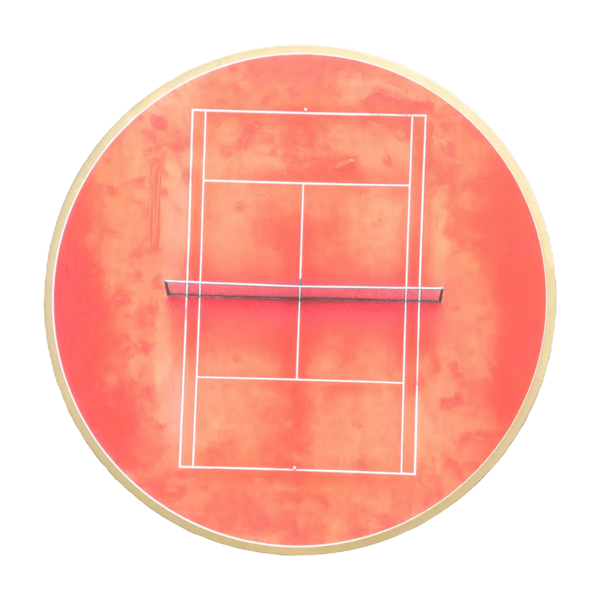 aerial tennis court PCB coaster in clay red and white, front view with gold ENIG finish - Suavius Atelier