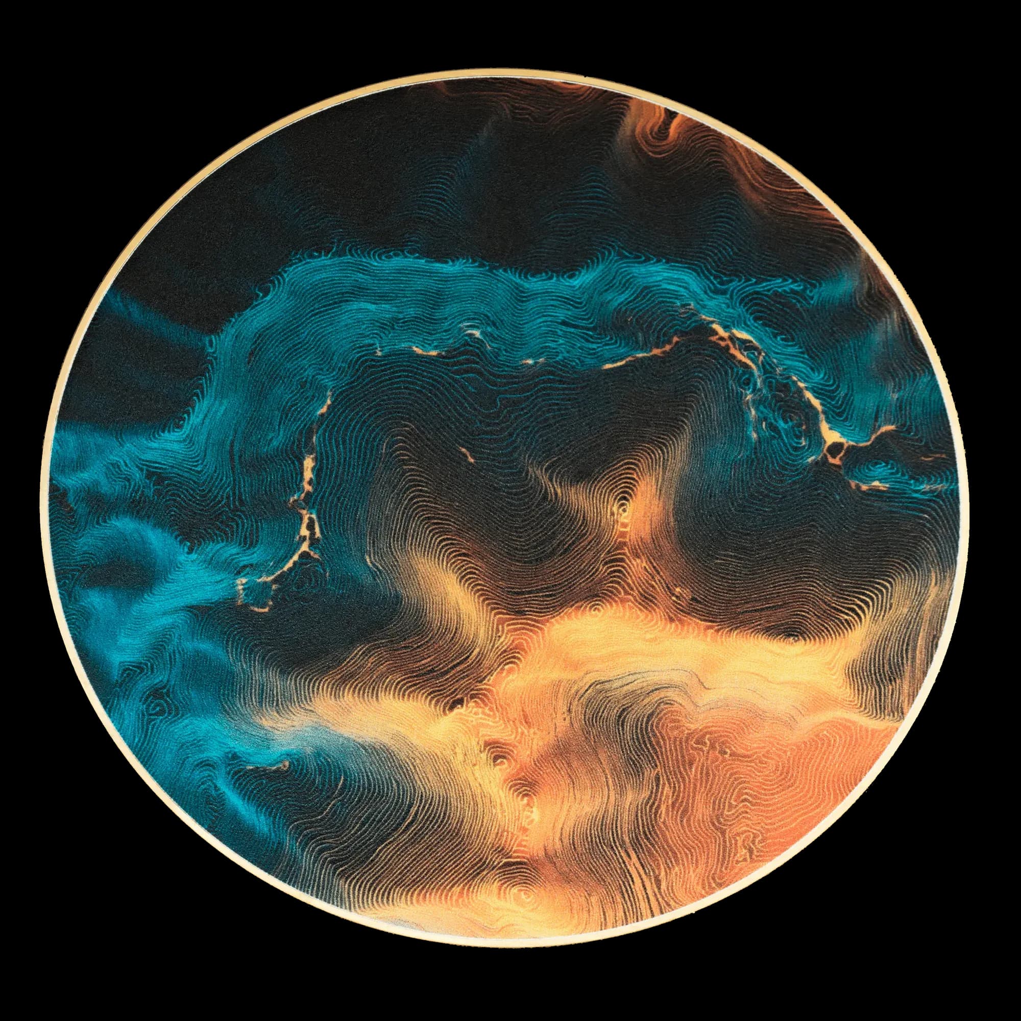 topographic contour lines PCB coaster in teal and orange, front view with gold ENIG finish - Suavius Atelier